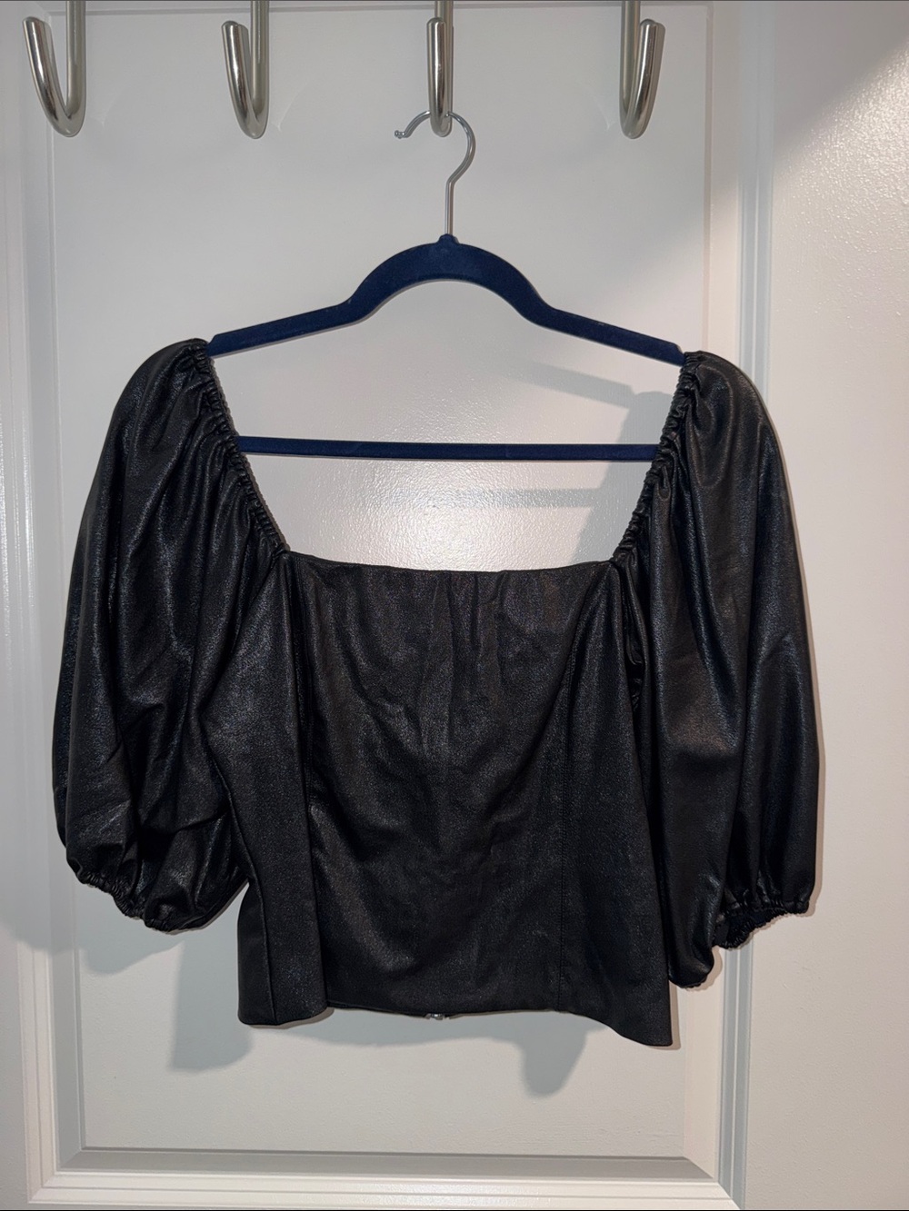 Amanda Uprichard Black Puff-Sleeve Square Neck Blouse